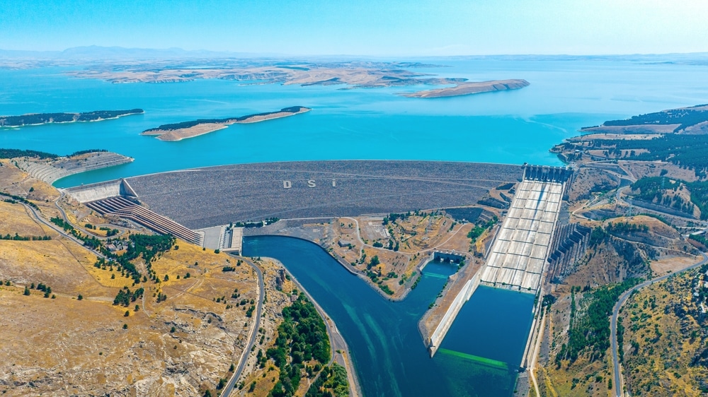 Aerial,Panoramic,View,Of,Ataturk,Dam,And,Reservoir,Bozova,Sanliurfa